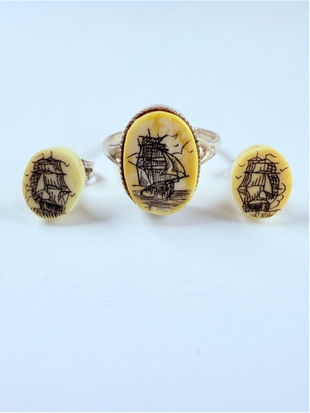 Scrimshaw Sailing Ship Boat Etched 925 Sterling Silver Vintage Ring Earrings Set